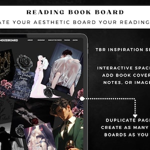 May include: A digital reading book board displayed on a tablet screen featuring the text READING BOOK BOARD, CREATE YOUR AESTHETIC BOARD YOUR READING LIFE, TBR INSPIRATION SPACE, and interactive sections for book covers, notes, and images.