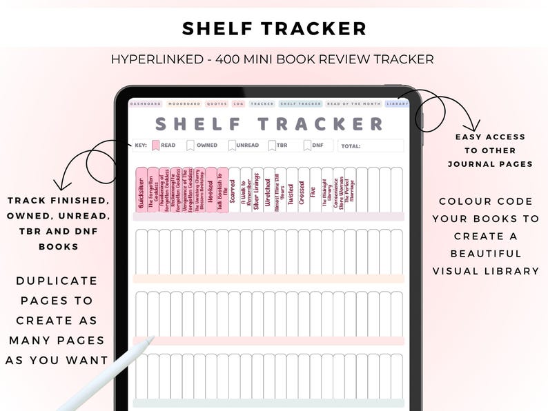 May include: A digital tablet displaying a Shelf Tracker interface with a 400 mini book review layout. The screen features a key for reading status, rows of blank book spines, and navigation tabs. A white stylus rests near the bottom left corner.