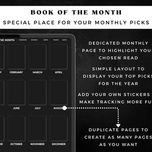 May include: A digital planner interface with the text "Book of the Month" and a layout for tracking monthly reading selections. Features include dedicated pages, a simple layout, and the ability to add stickers.
