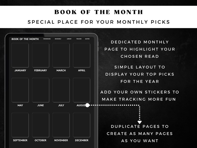 May include: A digital planner interface with the text "Book of the Month" and a layout for tracking monthly reading selections. Features include dedicated pages, a simple layout, and the ability to add stickers.
