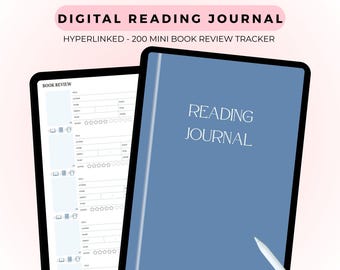 Diario digital de 200 reseñas de libros en azul / Registro interactivo de lectura en PDF / Registro de lectura digital para libros románticos / Diseño azul / Romance