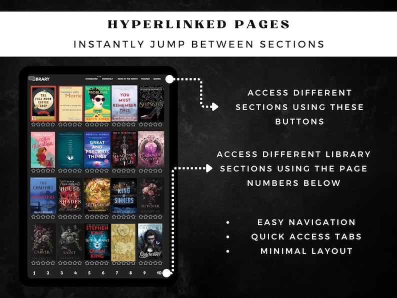 May include: A digital library interface on a tablet, showcasing book covers with titles like "Morrie" and "Great and Precious Things." The screen displays navigation options: buttons and page numbers for easy access.
