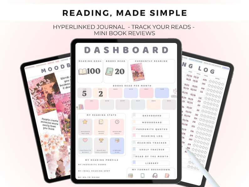 May include: A digital reading journal displayed on three tablet screens. The central dashboard features sections for reading goals, books read, and monthly stats. Text includes READING, MADE SIMPLE, HYPERLINKED JOURNAL, DASHBOARD, and MOODBOARD.