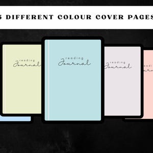 May include: Five reading journals with different colored covers: light blue, pale yellow, light blue, pale purple, and pale pink. Each journal has the words "reading journal" in a cursive font. The journals are displayed on a dark background.