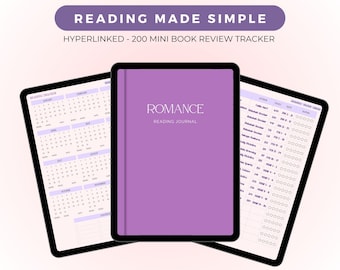 Diario digital con 200 minirreseñas de libros en color morado / Rastreador de lectura interactivo en PDF / Registro de lectura digital para libros románticos / Morado / Romance
