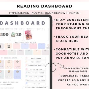 May include: A digital reading dashboard displayed on a tablet screen, featuring a 400 mini book review tracker. The interface includes sections for reading goals, books read, monthly stats, and navigation buttons for a moodboard, quotes, and logs.