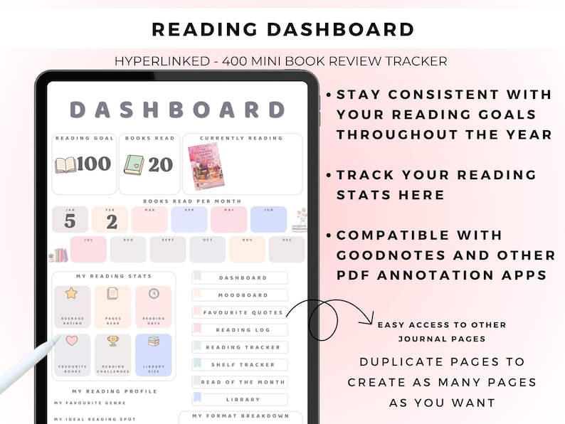 May include: A digital reading dashboard displayed on a tablet screen, featuring a 400 mini book review tracker. The interface includes sections for reading goals, books read, monthly stats, and navigation buttons for a moodboard, quotes, and logs.