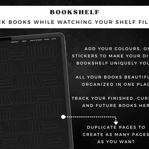 May include: A digital bookshelf displayed on a tablet, with the title "Bookshelf" at the top. The screen shows a bookshelf layout with book outlines. Text highlights features like tracking books, adding colors, and organizing books.