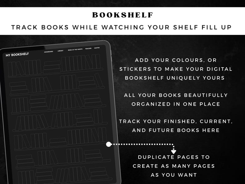 May include: A digital bookshelf displayed on a tablet, with the title "Bookshelf" at the top. The screen shows a bookshelf layout with book outlines. Text highlights features like tracking books, adding colors, and organizing books.