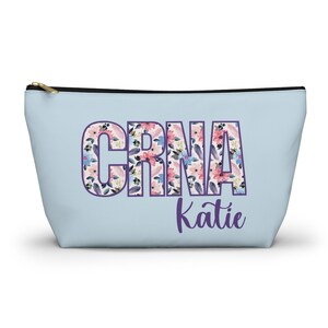 Blue Floral Custom CRNA with Name Travel or Accessory Pouch w T-bottom