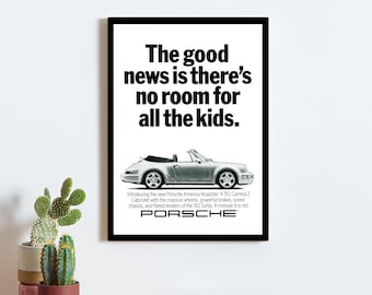 "Porsche 911 ""Kein Platz für die Kinder"" Vintage Plakat Werbung."