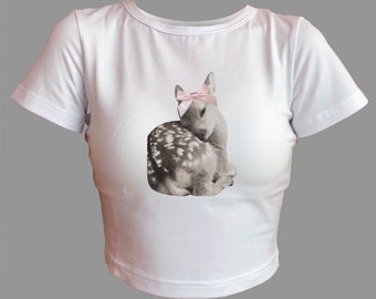 Crop top coquette with doe, coquette aesthetic, cute crop top, trendy top, baby tee, graphic tee, gift for her, t-shirt, it girl, pink