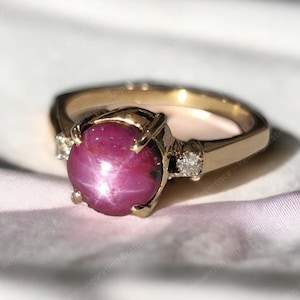 Natural Star Ruby Ring in 14k Gold, Unique Engagement / Statement Ring, Star Ruby Ring in Gold, Hand-made Gold Ring for Her with Diamonds