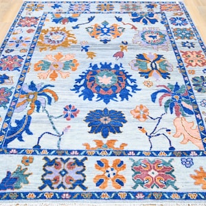 8x10 Blue White Modern Designer Wool Oushak Modern Turkish Style, Usak Rug for Bedroom, Living Room, Dining