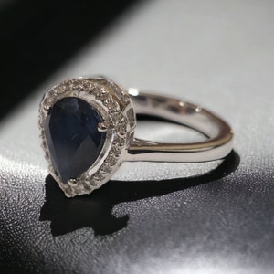 Silver Ring with Sapphire for Ladies, Handmade Silver Ring with Sapphire and Zirconia Stones, Engagement Ring with Sapphire and Zirconia