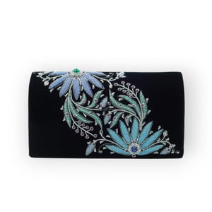 Black Velvet Purse With Blue and Purple Floral Design, Hand-embroidered with Zari Threads on Velvet, Statement Bag for Her - OOAK Purse