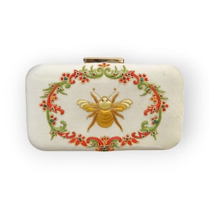 Hand Embroidered Velvet Clutch for Parties, Golden Bee in Silk Surrounded by Floral Design, Hand-crafted with Love in India