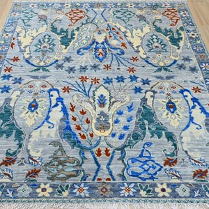 Ivory Blue Colorful Modern Oushak Rug Premium Wool Hand Knotted Turkish Inspired, CUSTOMIZE In any size, USHAK Wool Modern Turkish Style