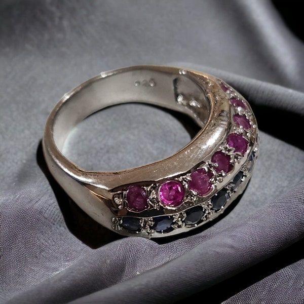 Silver Ring with Ruby and Sapphire for Ladies, Gents, Handmade Silver Ring with Coloured Stones, Unique Gift for Loved Ones