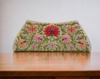 Boat Style Hand-embroidered Party Wear Clutch for Women, Floral Pattern with Genuine Ruby Gemstones, Sewn In, Elegant Evening Bag For Her