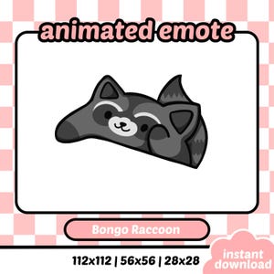 以下が含まれることがあります： グレーと白の配色のアニメーション絵文字で、漫画のキャラクターであるアライグマが描かれています。アライグマは横から覗いています。「animated emote」の文字が上部に、「Bongo Raccoon」の文字が下部にあります。