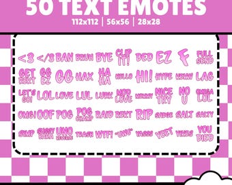 50 Pink Text Emotes Pack for Twitch, YouTube, Discord, Kick | Cute & Funny Twitch Cat Emotes | Meme Emotes | Text GG RIP Bruh Lag Oof Emote