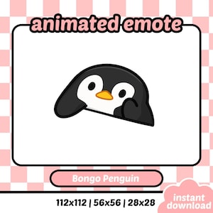 Könnte beinhalten: Animierter Emote mit einem Cartoon-Pinguin mit schwarz-weißen Federn, einem gelben Schnabel und großen Augen. Der Text "animated emote" steht oben, und "Bongo Penguin" steht unten. Verfügbar in den Größen: 112x112, 56x56 und 28x28 Pixel.