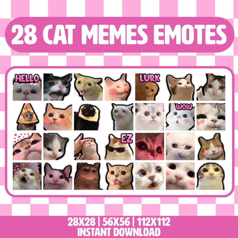 Peut inclure: Graphique de t&eacute;l&eacute;chargement num&eacute;rique avec 28 &eacute;motic&ocirc;nes de m&egrave;mes de chats. Le titre "28 CAT MEMES EMOTES" est dans une banni&egrave;re rose en haut. Les &eacute;motic&ocirc;nes sont dispos&eacute;es en grille, avec divers visages de chats exprimant diff&eacute;rentes &eacute;motions. La banni&egrave;re inf&eacute;rieure indique "T&Eacute;L&Eacute;CHARGEMENT INSTANTAN&Eacute;".