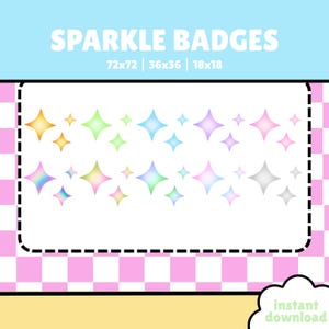 Könnte beinhalten: Digitalgrafik mit dem Text "SPARKLE BADGES" über einem weißen Rechteck mit bunten Sternen-Designs. Die Sterne sind in verschiedenen Farben, darunter Gelb, Grün, Blau, Lila und Rosa. Der Hintergrund ist ein hellblaues und rosa kariertes Muster.
