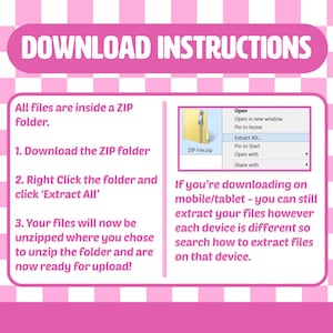Peut inclure: Fond rose et blanc &agrave; carreaux avec des instructions de t&eacute;l&eacute;chargement. Le texte indique "DOWNLOAD INSTRUCTIONS" et fournit les &eacute;tapes pour extraire les fichiers d'un dossier ZIP, y compris "Extract All".