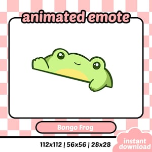 May include: A light green cartoon frog with large eyes and a yellow belly, labeled "Bongo Frog." The image is an animated emote, with the text "animated emote" at the top. The image is available in three sizes: 112x112, 56x56, and 28x28.