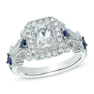 Vera Wang Love Collection 1 CT Emerald-Cut Diamond and Blue Sapphire Scroll Ring in Sterling Silver Vintage-style Art Deco Engagement Ring