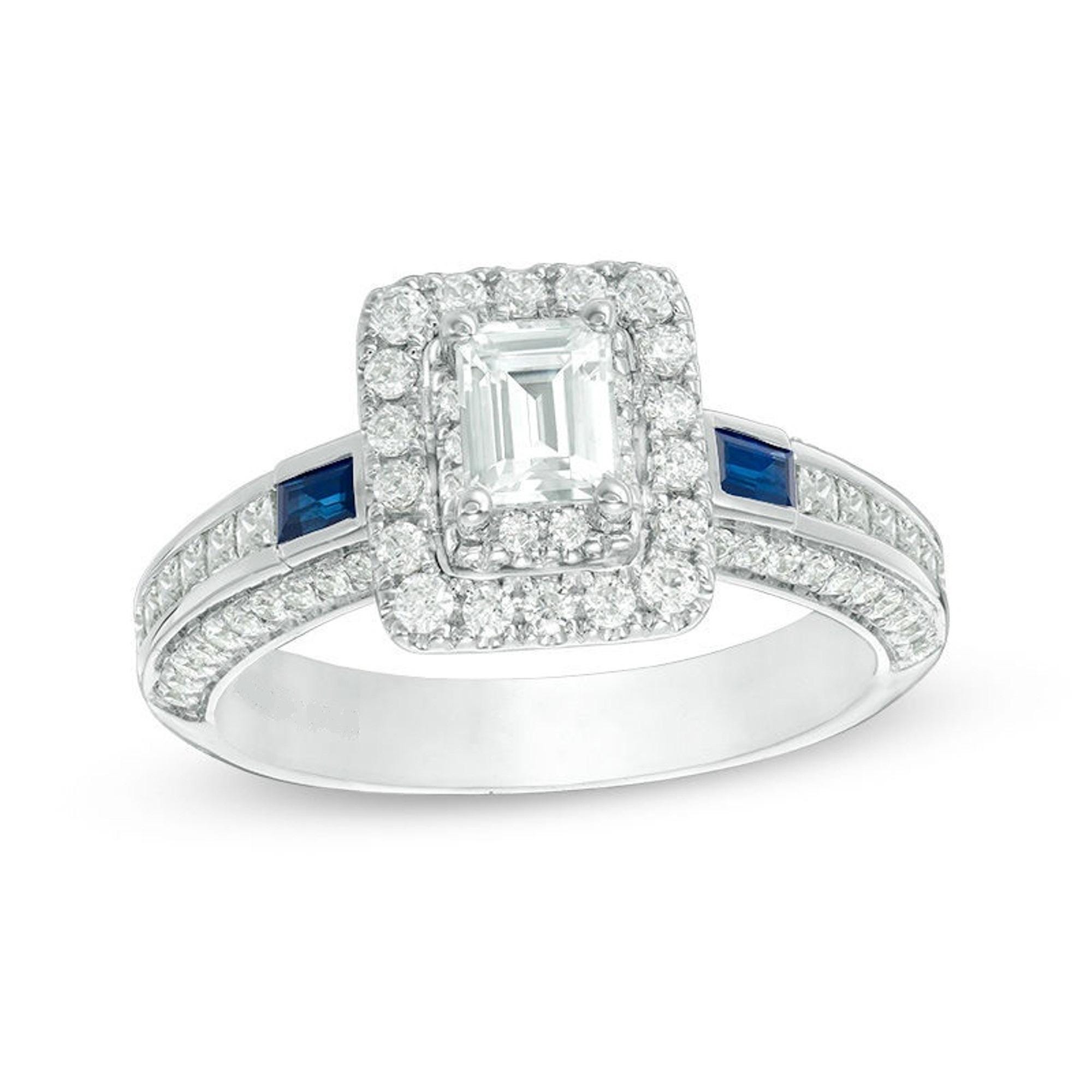 Vera Wang Love Collection 3/4 CT Stunning Emerald-Cut Diamond and Blue Sapphire Engagement Ring in 925 Sterling Silver Everlasting Love Ring