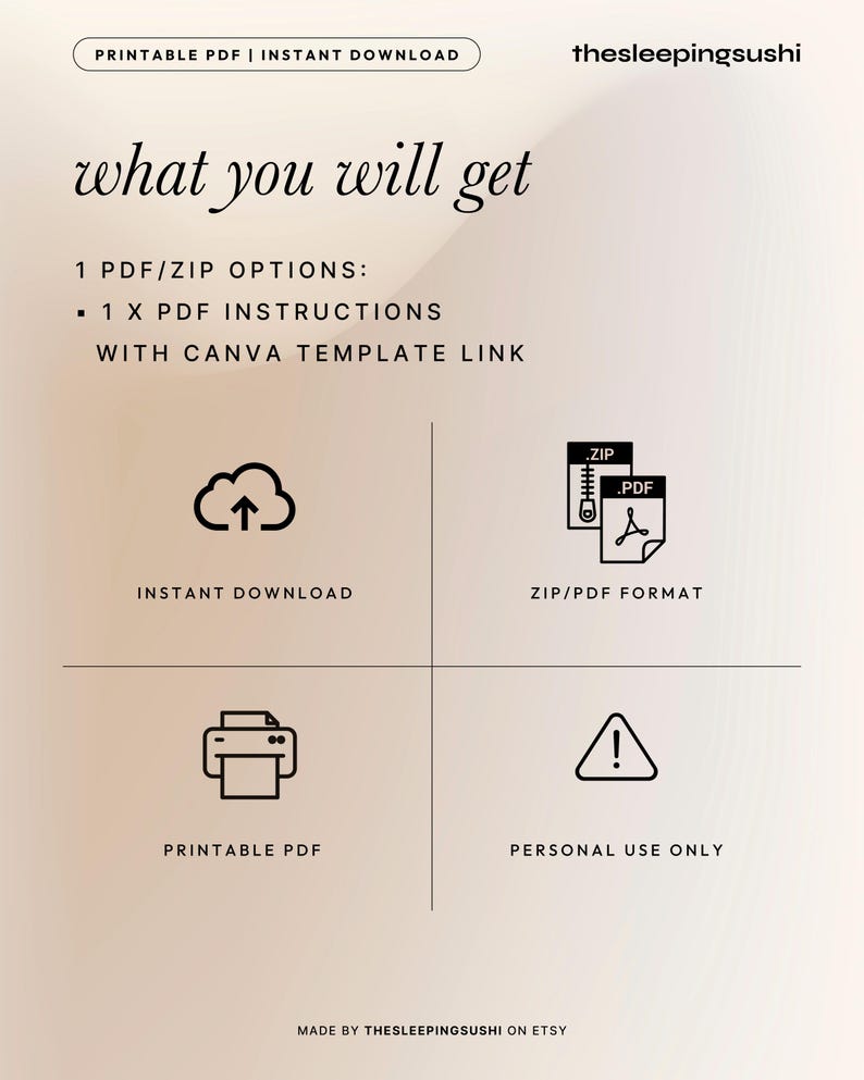以下が含まれることがあります： 「what you will get」のテキストとPDFおよびZIPファイルオプションの詳細が記載されたデジタルダウンロードグラフィック。インスタントダウンロード、zip/PDF形式、印刷可能なPDF、個人使用のみのアイコンが含まれています。「PRINTABLE PDF | INSTANT DOWNLOAD」のテキストが上部にあります。