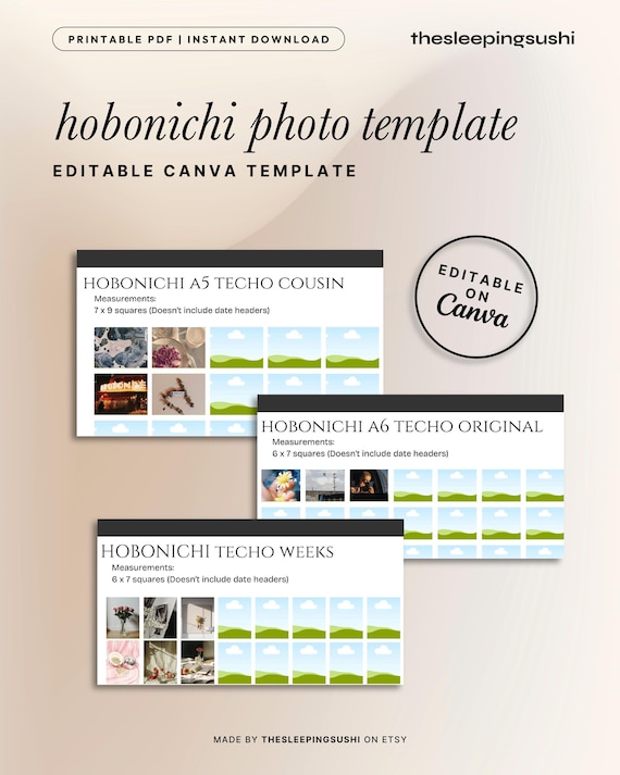 Hobonichi Photo Template | Editable Canva File | Weeks, A5 Cousin, A6 Original | Drag & Drop Printables