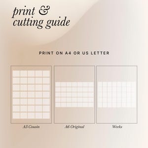 以下が含まれることがあります： 「print & cutting guide」のテキストが入った、印刷可能なPDFカッティングガイド。A5 Cousin、A6 Original、Weeksのレイアウトが含まれています。「PRINT ON A4 OR US LETTER」のテキストも表示されています。画像はEtsyのthesleepingsushiによるものです。