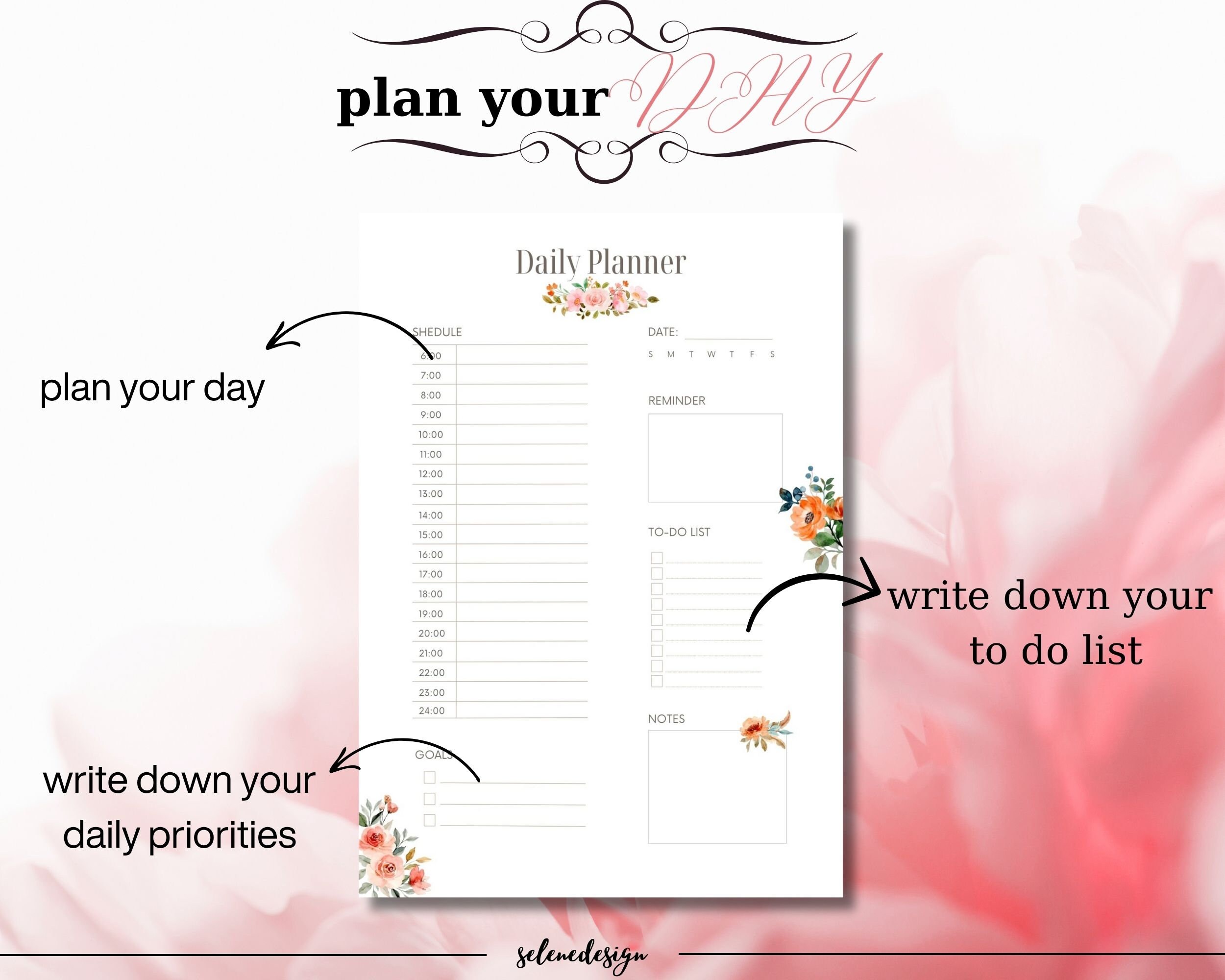 Daily Planner Floral Daily Planner Printable Daily Plan With Flowers ...