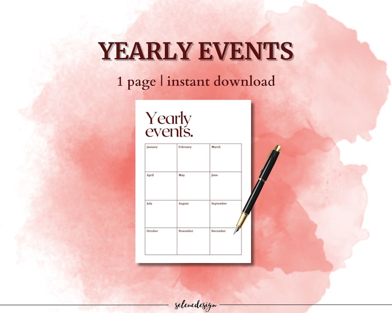 Yearly Event Printable Yearly Events Planner Yearly Events Calendar ...