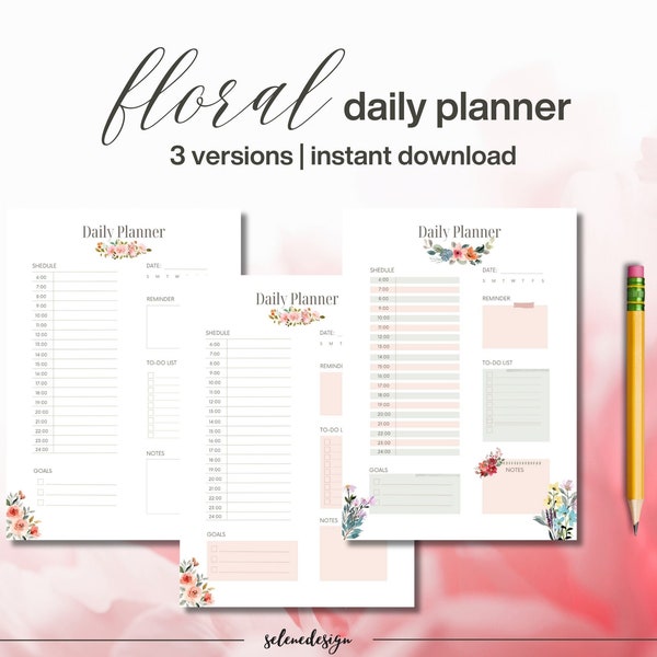Daily Planner Floral Daily Planner Printable Daily Plan with Flowers Daily Schedule Floral Planner Sheet Daily Planner Pink for Girls Daily