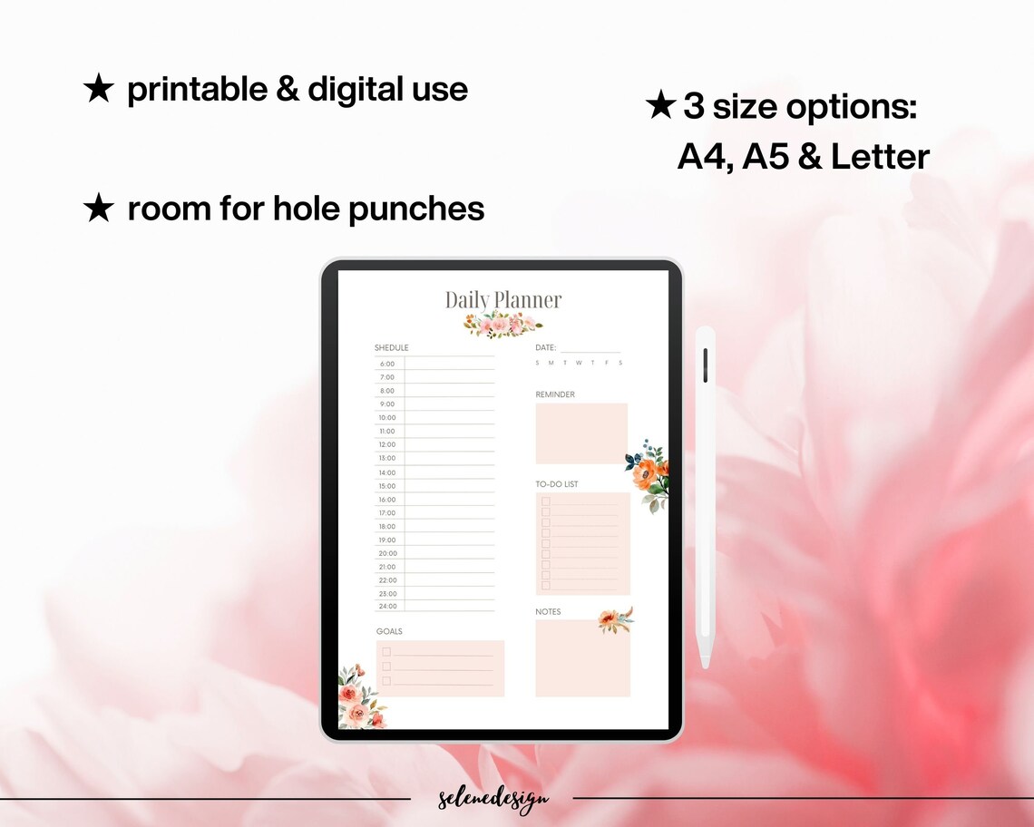 Daily Planner Floral Daily Planner Printable Daily Plan With Flowers ...