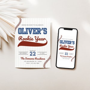 Rookie Year First Birthday Party Invite | Baseball First Birthday Invite Template | Little Slugger Turning One | Editable Canva Template