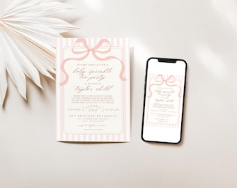 Pink Bows Tea Party Baby Sprinkle Invitation (Digital Download)