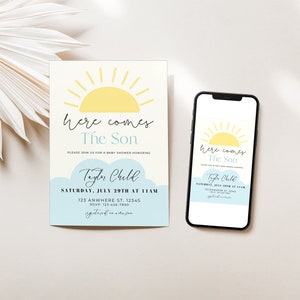 Here Comes the Son Baby Shower | Baby Boy Shower Invite | Here Comes the Son Invite | Son Invite | Yellow and Blue Baby Shower Invite