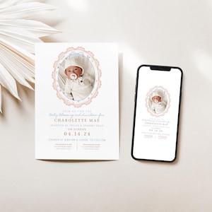 May include: A white card with a pink and blue floral design and a photo of a baby girl. The card says "Join us for the baby blessing and shower for CHARLOTTE MAE" and includes the date "04.14.24".