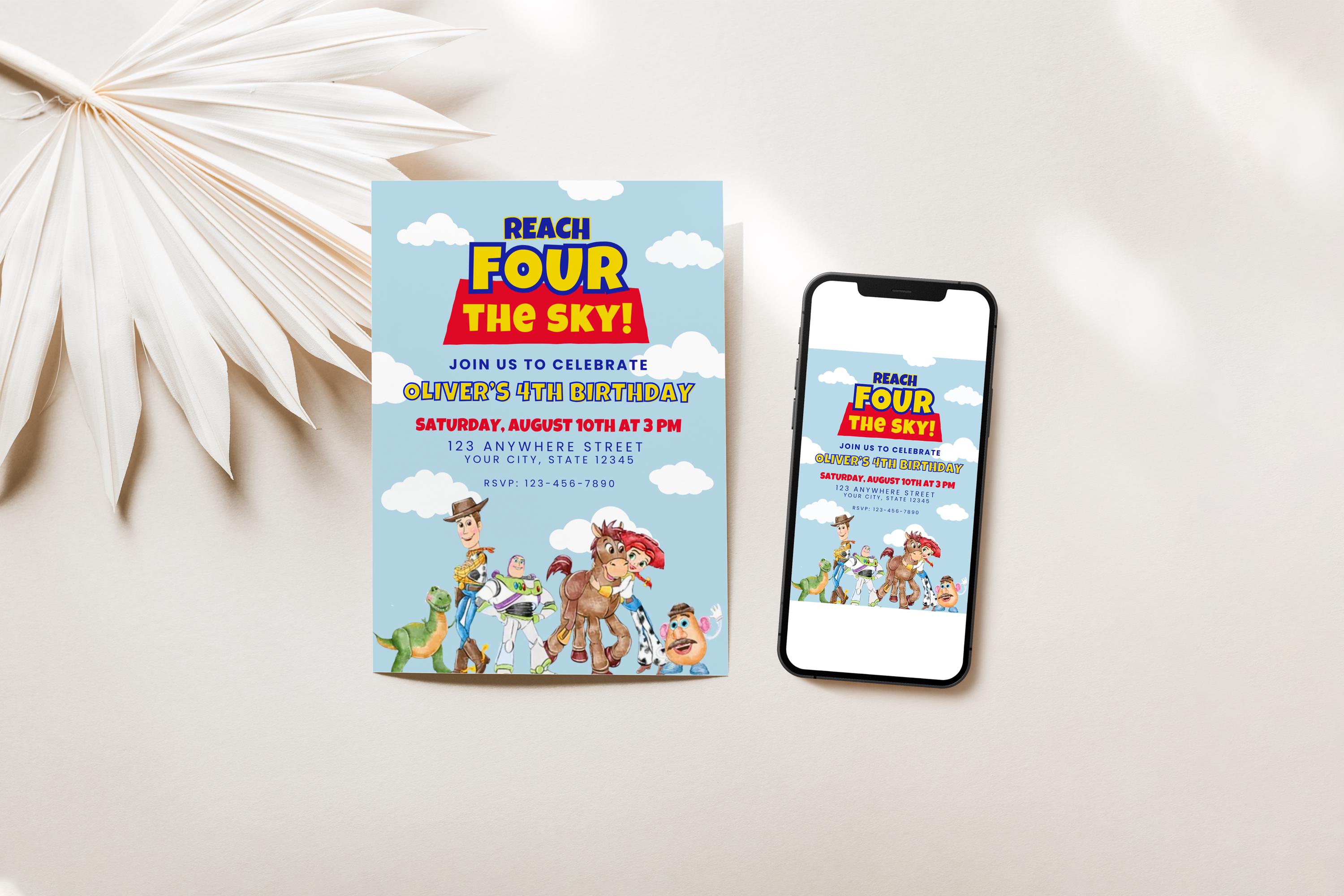 Reach FOUR the Sky Invitation | Toy Story 4th Birthday Invite | Digital Toy Story Invite | Canva Editable Toy Story Birthday