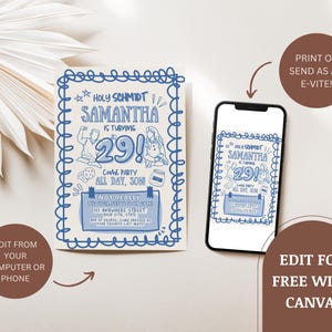 May include: A birthday invitation with a blue doodle design, featuring the text "Holy Schmidt, Samantha is turning 29!" The invitation is shown on paper and a smartphone, with instructions to edit from a computer or phone and send as an e-vite.
