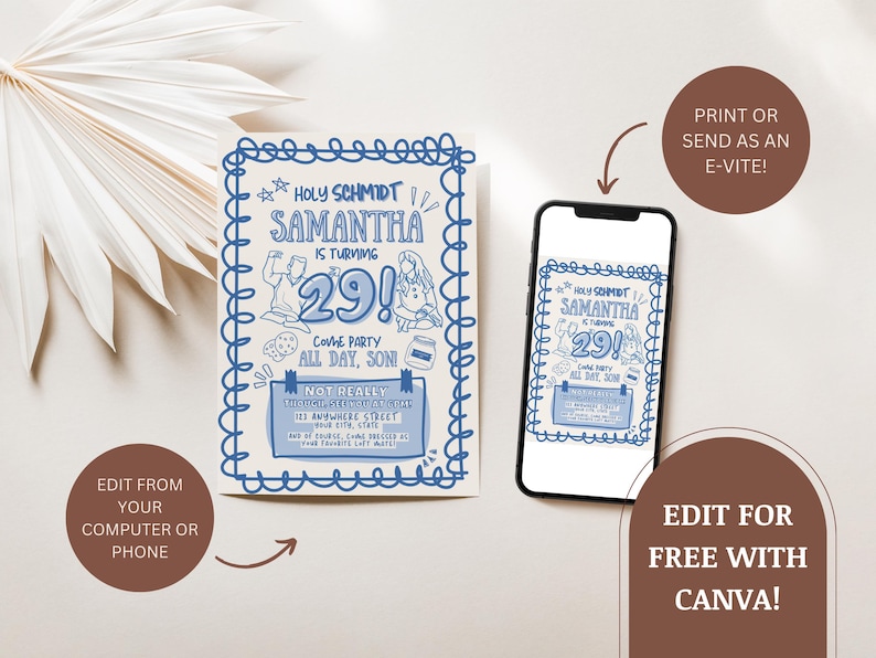 May include: A birthday invitation with a blue doodle design, featuring the text "Holy Schmidt, Samantha is turning 29!" The invitation is shown on paper and a smartphone, with instructions to edit from a computer or phone and send as an e-vite.