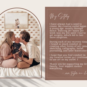 May include: A family portrait with a couple kissing a baby on the forehead. The background features a framed photo and a wall with a repeating sun design. Text on the right reads "My Story" and describes the artist's creative journey.