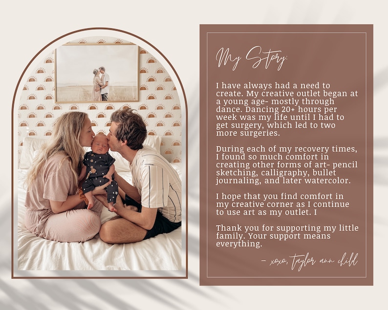 May include: A family portrait with a couple kissing a baby on the forehead. The background features a framed photo and a wall with a repeating sun design. Text on the right reads "My Story" and describes the artist's creative journey.