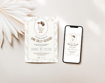 Silly Goose 1歳の誕生日招待状：ベージュのカウボーイテーマ（デジタルダウンロード）